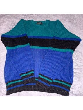 Agenda Shetland Wool Colorblock Knit Sweater Large VTG Blue Teal Black Grandpa